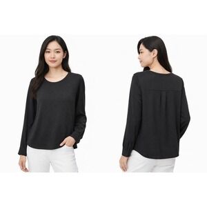 Loft Ann Taylor Black Mixed Media Long Sleeve Knit Woven Top M Goth Preppy 66-15